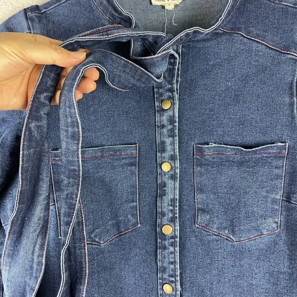 Aaron & Amber Denim Top Womens Large Blue Puff Sleeve Tie Neck Snap Button Heavy - Picture 6 of 16